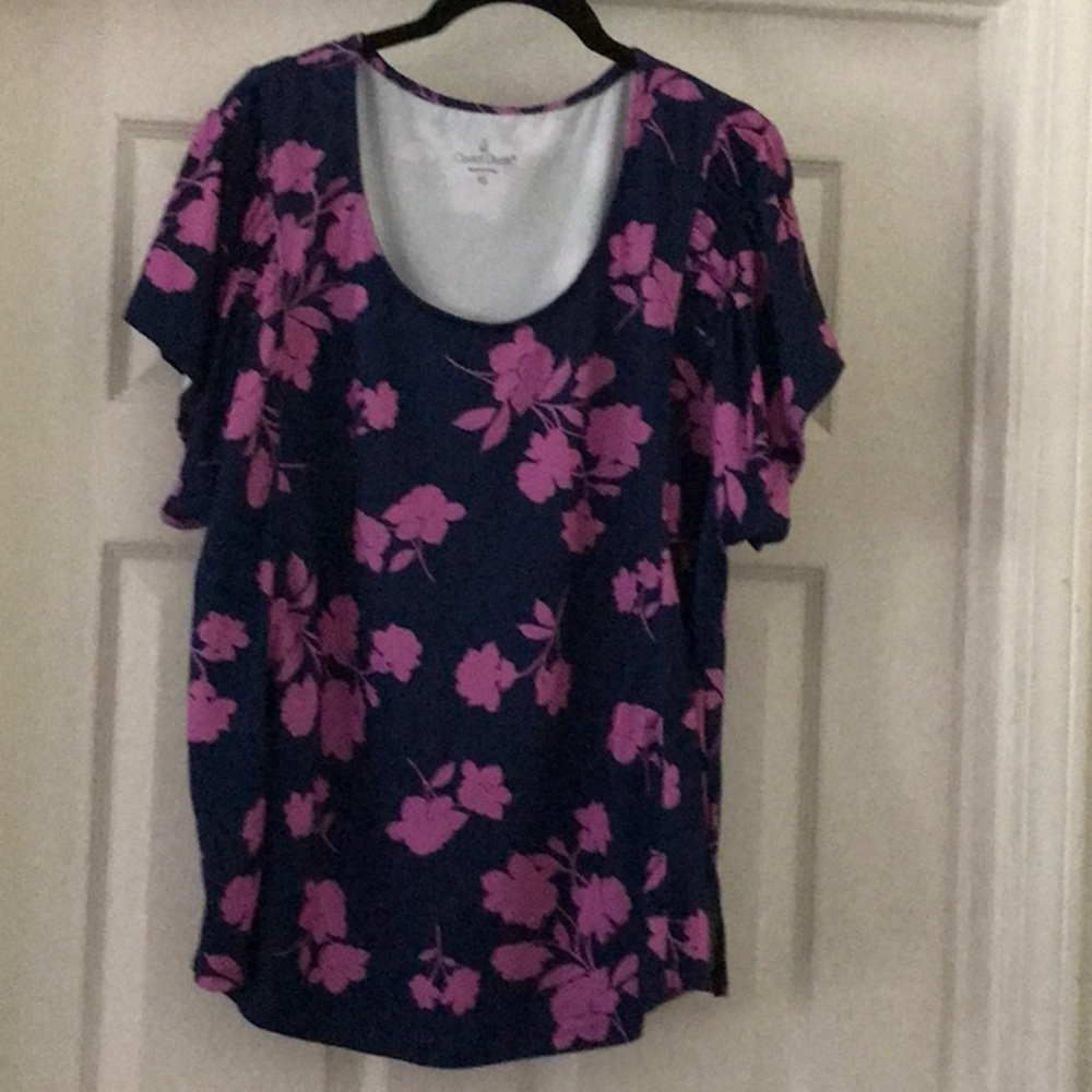 Cuddl Duds Blue and Pink Ruffled Short Sleeve Blouse